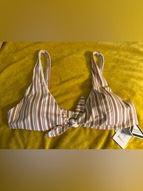 RVCA Striped Bikini Top in White and Brown